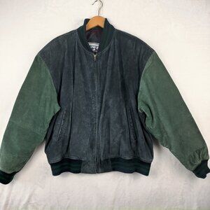 VTG William Barry Watershed Men Suede Leather Varsity Bomber Jacket L Green Blue